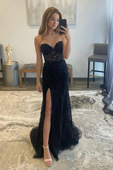 Lace Mermaid Sweetheart Long Prom Dresses With Slit, Party Dresses